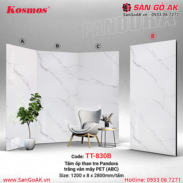 Tấm ốp than tre Pandora Kosmos PET TT-830 vân đá trắng vân mây