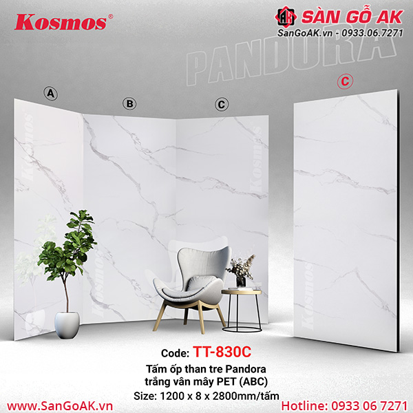 Tấm ốp than tre Pandora Kosmos PET TT-830 vân đá trắng vân mây