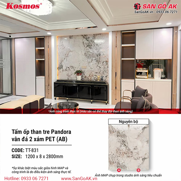 Tấm ốp than tre Pandora Kosmos PET TT-831 vân đá xám