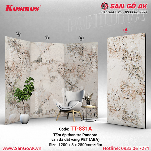 Tấm ốp than tre Pandora Kosmos PET TT-831 vân đá xám