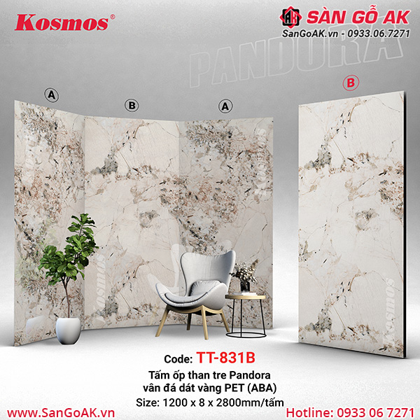 Tấm ốp than tre Pandora Kosmos PET TT-831 vân đá xám