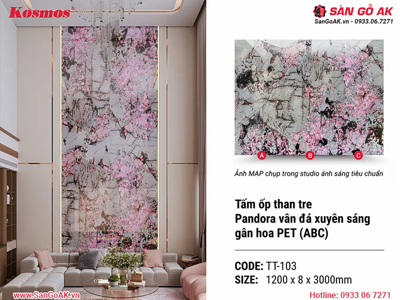 Tấm ốp than tre Pandora PET vân đá giả xuyên sáng gân hoa Kosmos TT-103
