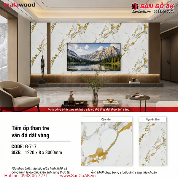 Tấm ốp than tre vân đá PET dát vàng Galawood G-717