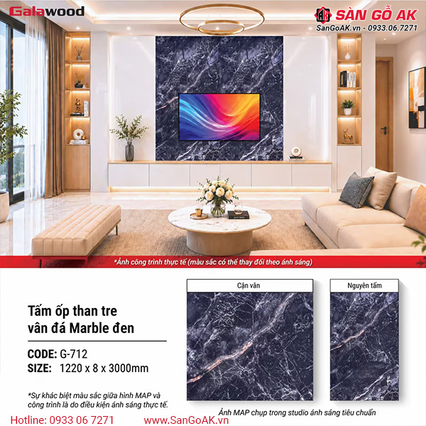Tấm ốp than tre vân đá marble đen Galawood G-712