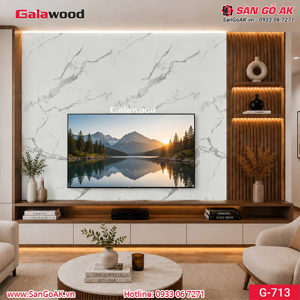 Tấm ốp than tre vân đá marble trắng sứ vân mây Galawood G-713