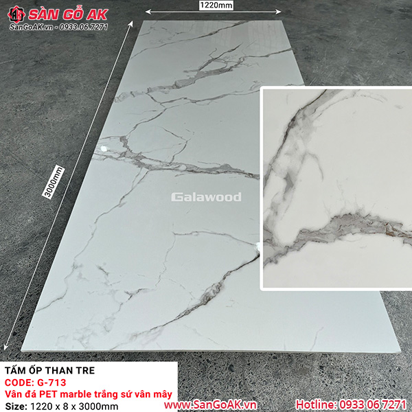 Tấm ốp than tre vân đá marble trắng sứ vân mây Galawood G-713