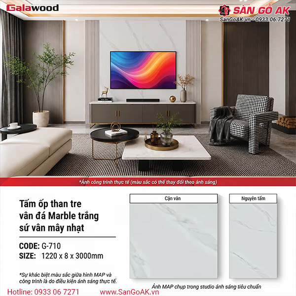 Tấm ốp than tre vân đá marble trắng sứ vân mây nhạt Galawood G-710