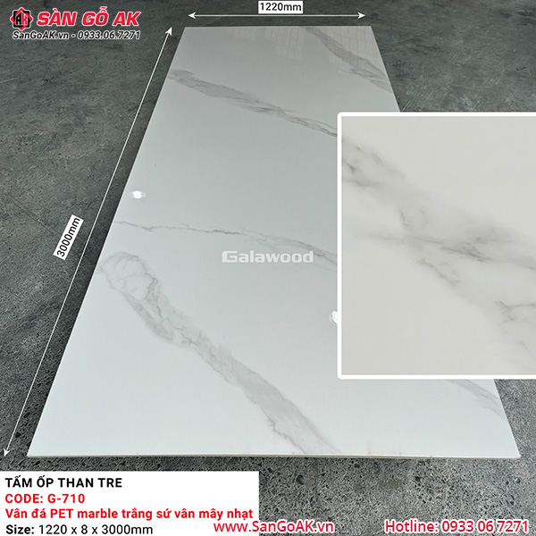 Tấm ốp than tre vân đá marble trắng sứ vân mây nhạt Galawood G-710