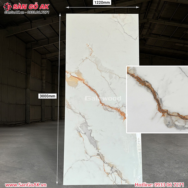 Tấm ốp than tre vân đá marble trắng vân mây vàng Galawood G-714