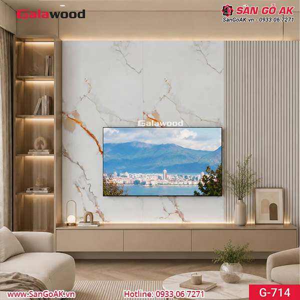 Tấm ốp than tre vân đá marble trắng vân mây vàng Galawood G-714