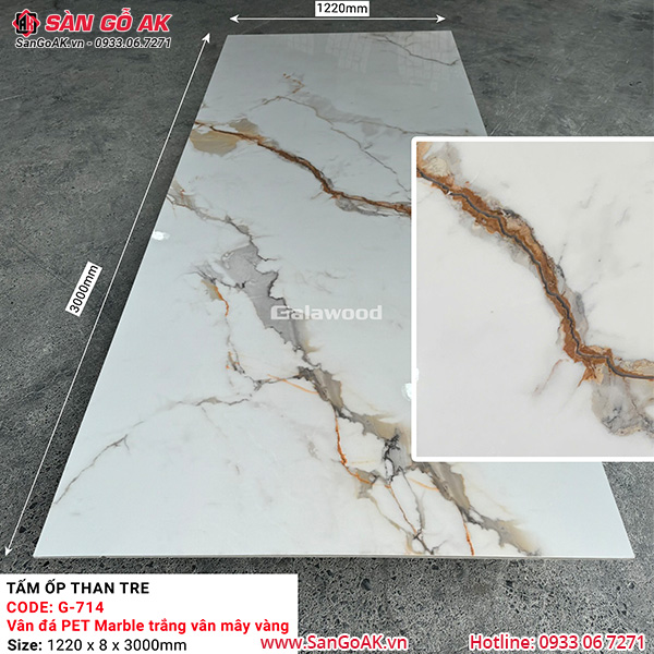 Tấm ốp than tre vân đá marble trắng vân mây vàng Galawood G-714