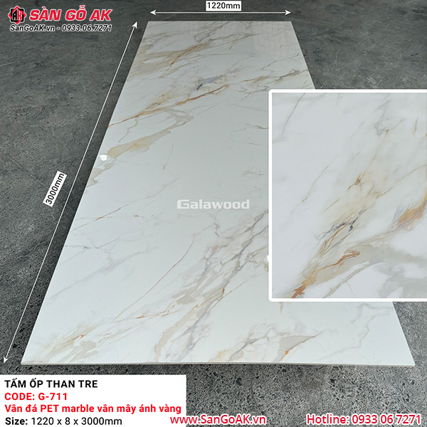 Tấm ốp than tre vân đá marble vân mây ánh vàng Galawood G-711
