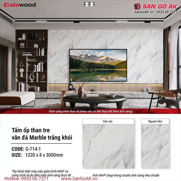Tấm ốp than tre vân đá PET marble trắng khói Galawood G-714-1