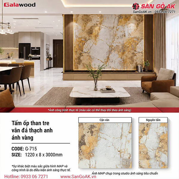Tấm ốp than tre vân đá PET thạch anh ánh vàng Galawood G-715