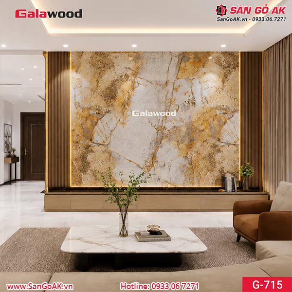 Tấm ốp than tre vân đá PET thạch anh ánh vàng Galawood G-715