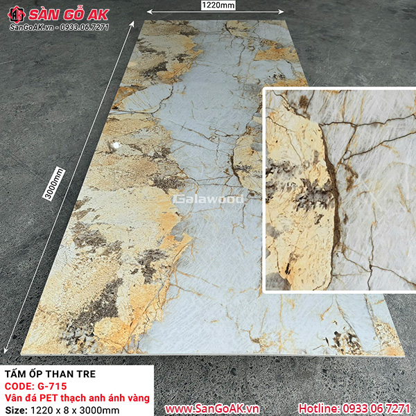 Tấm ốp than tre vân đá PET thạch anh ánh vàng Galawood G-715