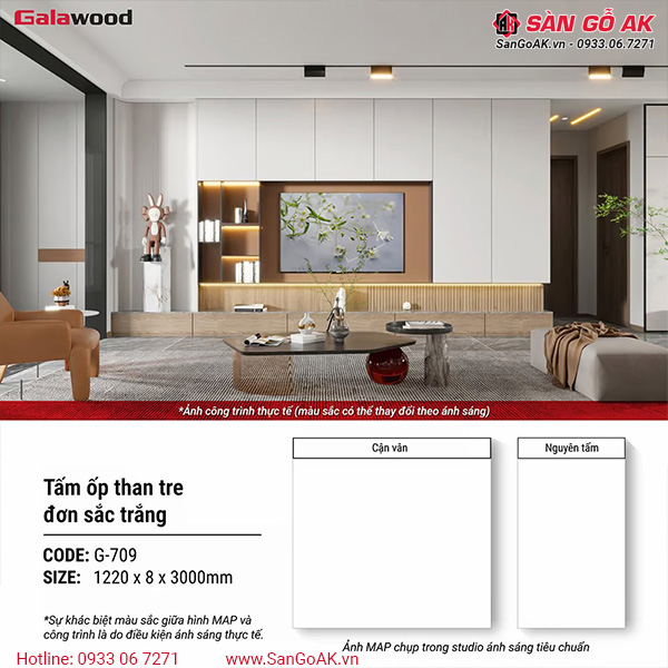 Tấm ốp than tre vân đơn sắc trắng Galawood G-709