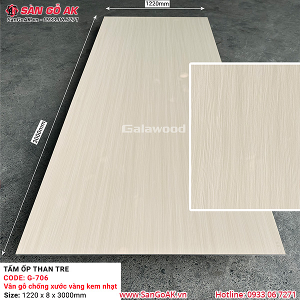 Tấm ốp than tre vân gỗ chống xước vàng kem nhạt Galawood G-706