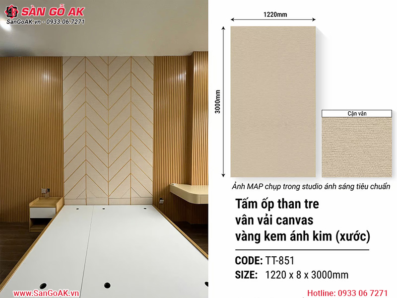 Tấm ốp than tre Kosmos vân vải canvas vàng kem ánh kim TT-851