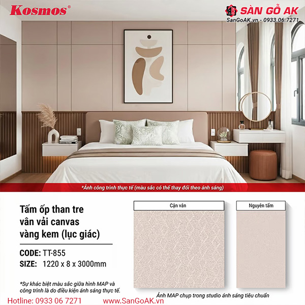 Tấm ốp than tre Kosmos vân vải canvas vàng kem lục giác TT-855