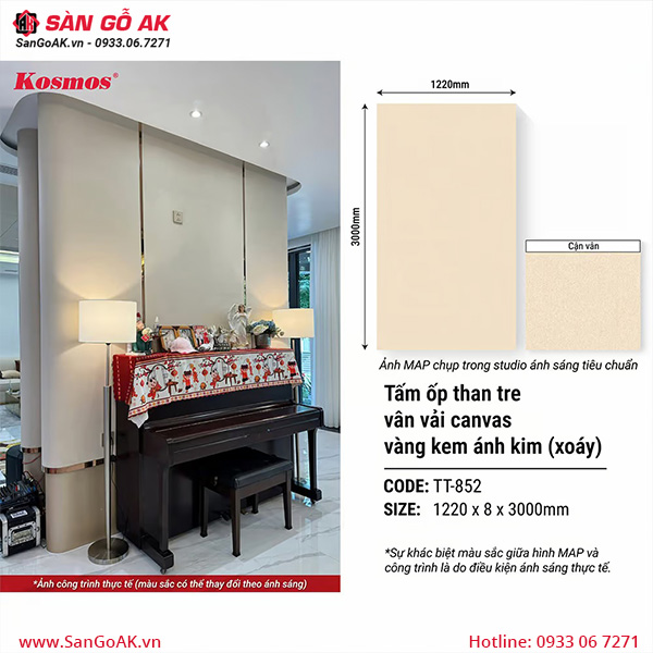 Tấm ốp than tre Kosmos vân vải canvas vàng nhạt ánh kim xoáy TT-852