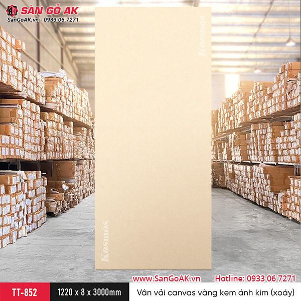Tấm ốp than tre Kosmos vân vải canvas vàng nhạt ánh kim xoáy TT-852