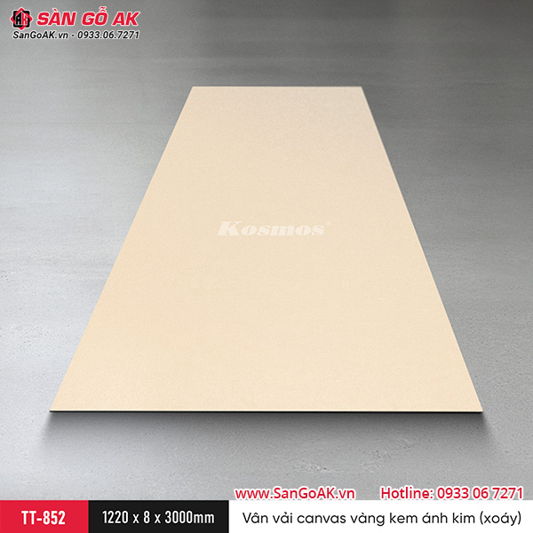 Tấm ốp than tre Kosmos vân vải canvas vàng nhạt ánh kim xoáy TT-852