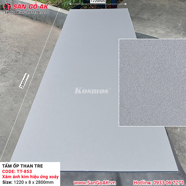 Tấm ốp than tre Kosmos vân vải canvas xám ánh kim xoáy TT-853