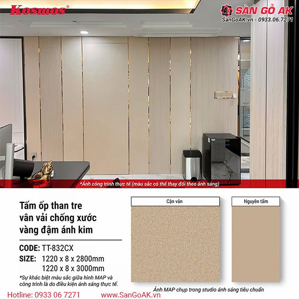 Tấm ốp than tre Kosmos vân vải chống xước vàng đậm ánh kim TT-832CX