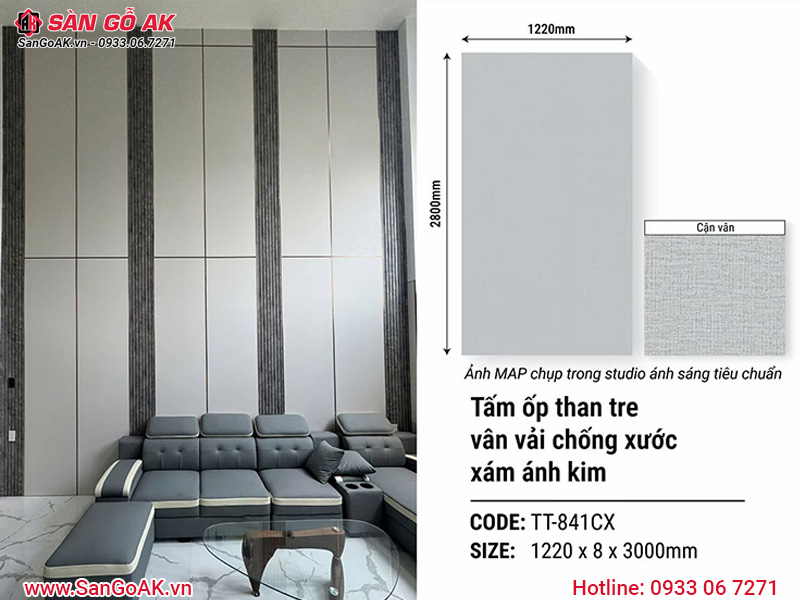 Tấm ốp than tre Kosmos vân vải chống xước xám ánh kim TT-841CX