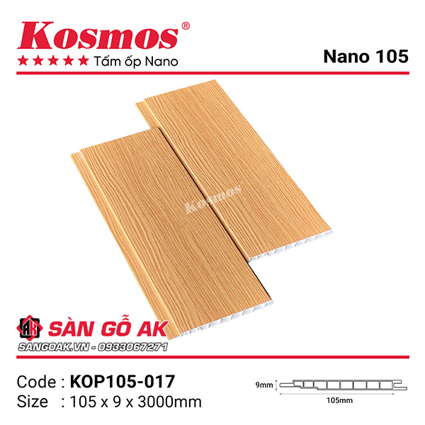 Tấm ốp Nano bản nhỏ Kosmos KOP105-017 vân gỗ sồi vàng đậm