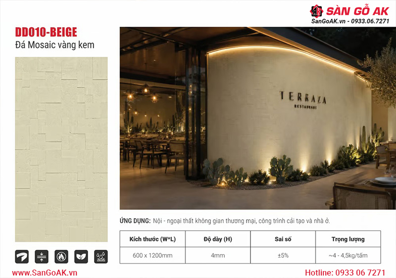 Tấm ốp đá dẻo Kosmos DD010-BEIGE vân đá Mosaic vàng kem