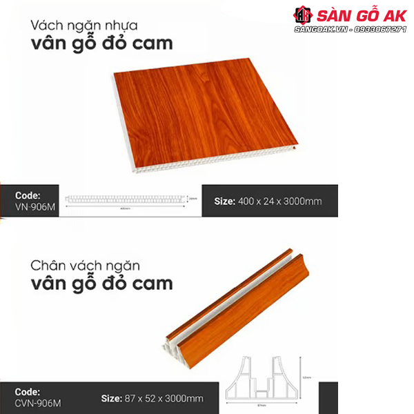 Bộ vách ngăn nhựa vân gỗ đỏ cam Galawood  906M