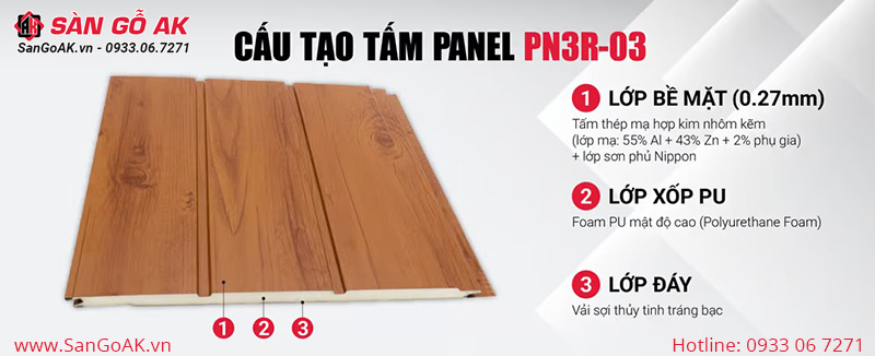 Cấu tạo của tấm Panel cách nhiệt tôn xốp PN3R-03 cánh gián mặt bóng