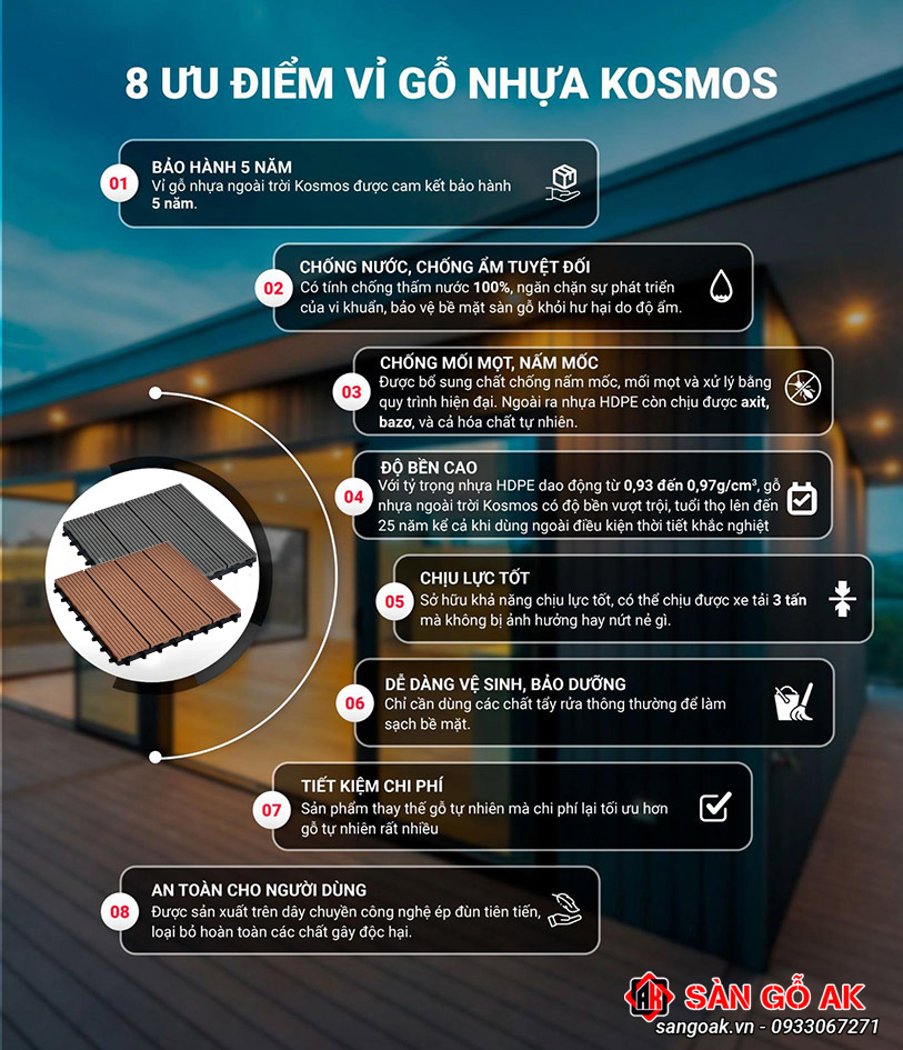 Vỉ gỗ nhựa ngoài trời Kosmos VSVI300 vân sọc có nhiều ưu điểm nổi bật