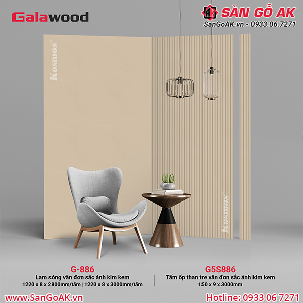 Lam sóng Galawood G5S886 đồng màu tấm ốp than tre vân đơn sắc ánh kim kem G-886
