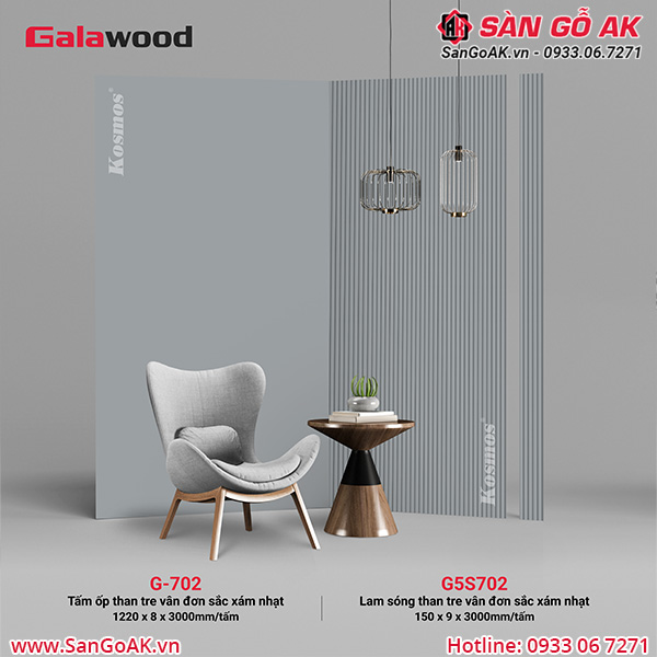 Bộ đồng màu tấm ốp than tre vân đơn sắc xám nhạt Galawood (G5S702 & G-702)