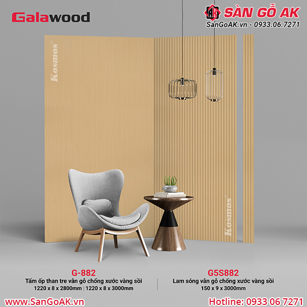 Lam sóng Galawood G5S882 đồng màu tấm ốp than tre vân gỗ vàng sồi