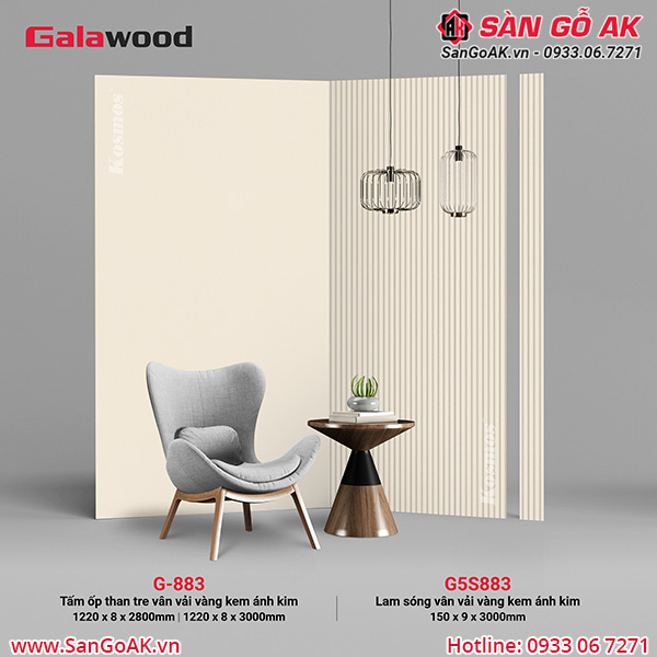 Lam sóng Galawood G5S883 đồng màu tấm ốp than tre vân vải vàng kem ánh kim G-883