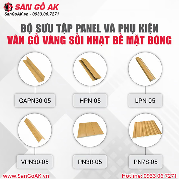 Bộ đồng màu tấm Panel và phụ kiện 05 màu vàng sồi nhạt bề mặt bóng