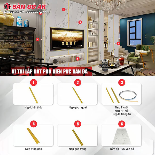 Bộ phụ kiện nẹp nhôm dành cho tấm ốp PVC vân đá Kosmos