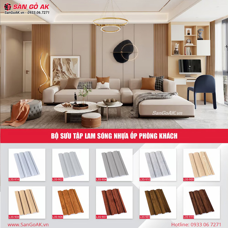 Bộ sưu tập Lam Sóng vuông nhựa ốp phòng khách