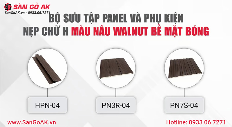 Bộ sưu tập tấm Panel và phụ kiện nẹp chữ H màu walnut bề mặt bóng