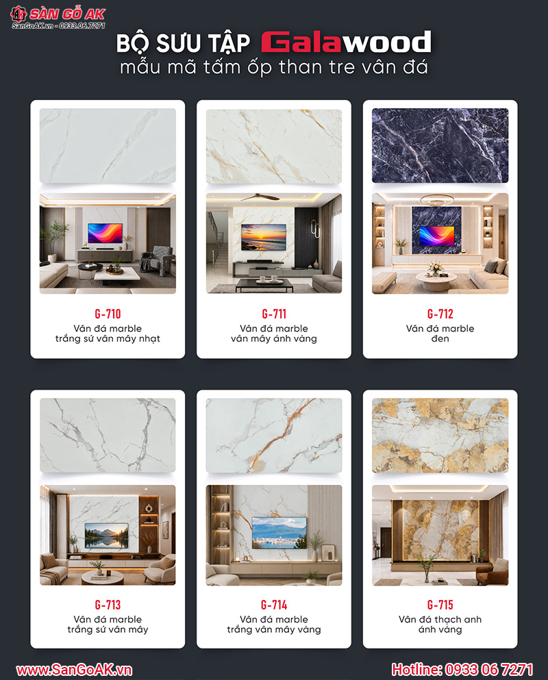 Bộ sưu tập tấm ốp than tre Galawood vân đá Marble