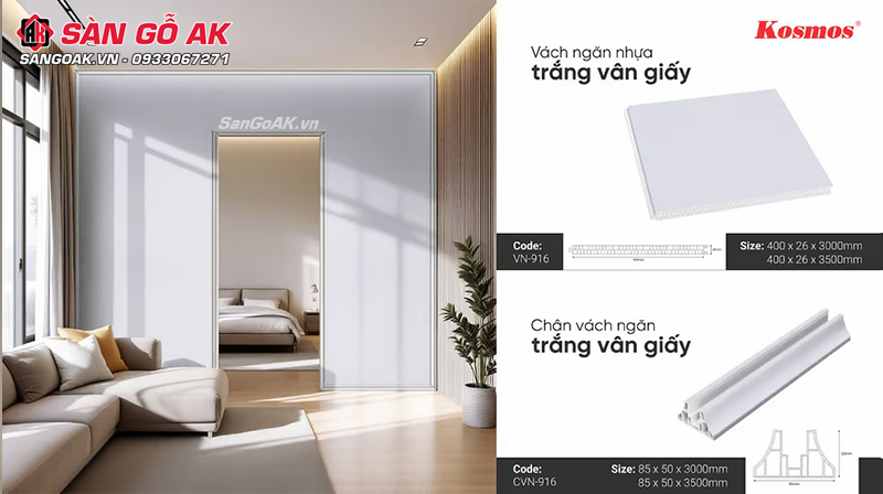 Bộ vách ngăn nhựa Galawood mã màu 916 vân giấy trắng