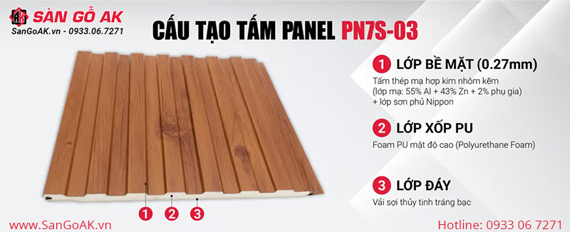 Cấu tạo của tấm Panel cách nhiệt tôn xốp PN7S-03 màu cánh gián 7 sóng