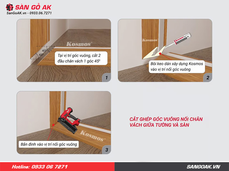 Cách ghép chân vách góc vuông giao giữa tường và sàn