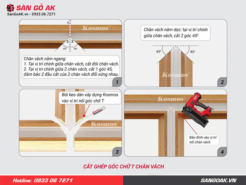 Cách ghép góc chữ T dưới sàn cho chân vách