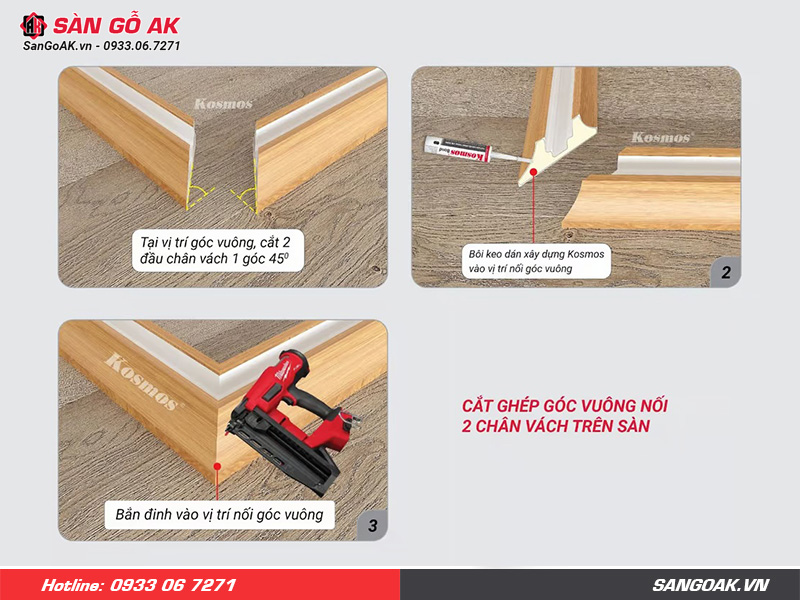 Cách ghép góc vuông dưới sàn cho chân vách