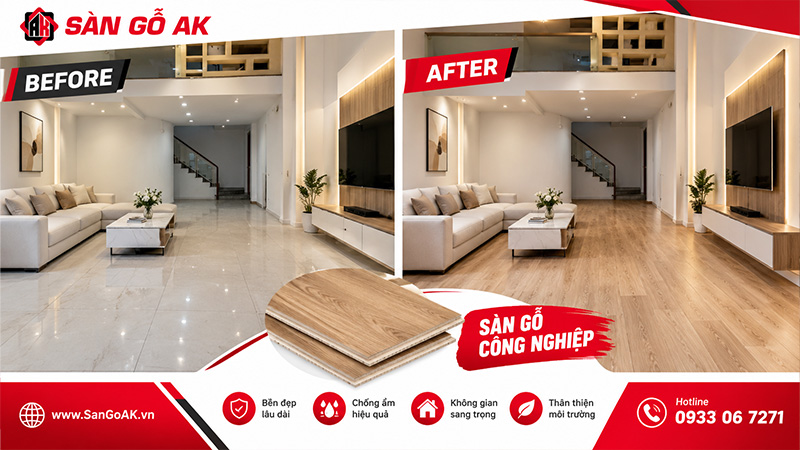 Cải Tạo Nền Gạch Cũ Cho Phòng Khách Bằng Sàn Gỗ Công Nghiệp